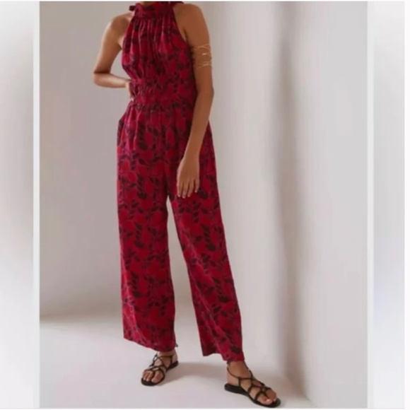Anthropologie Pants - Anthropologie KOPAL Deep Pink Floral Halter Tie Shoulder Jumpsuit